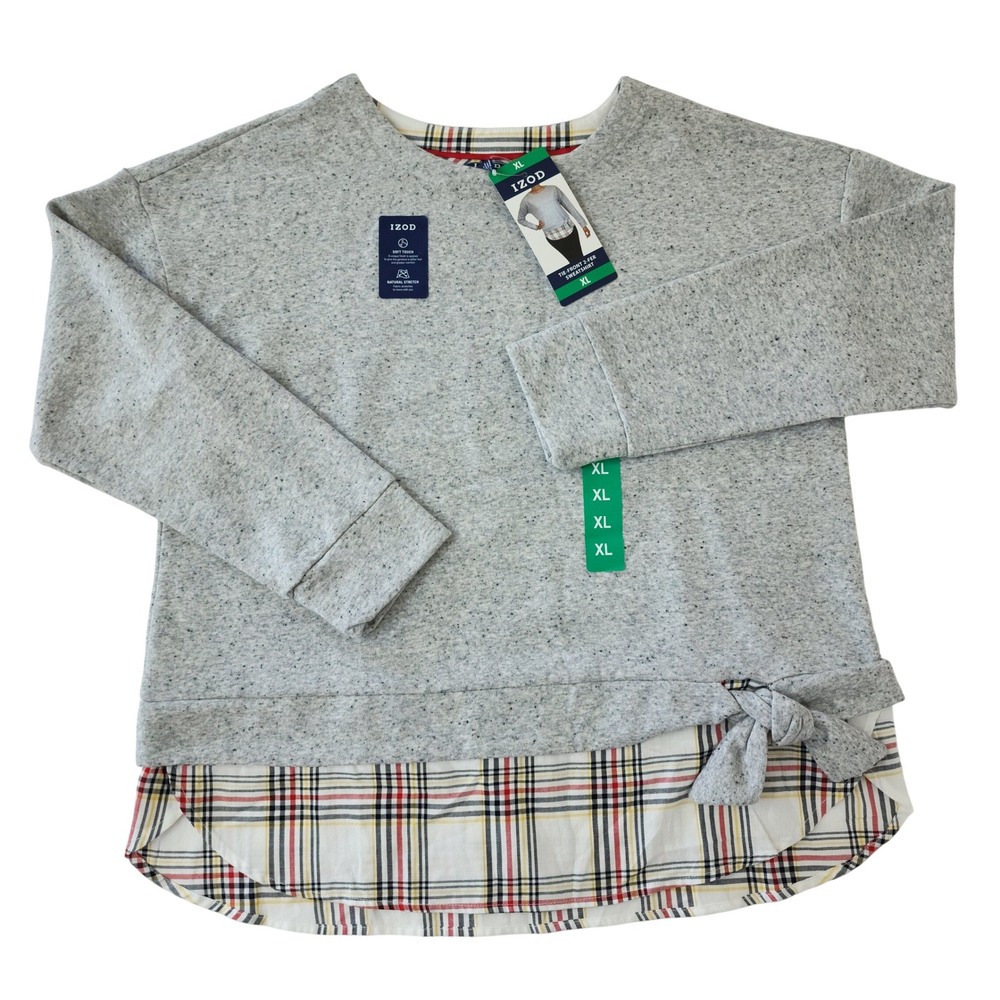 IZOD Womens Tie-Front‎ 2-Fer Sweatshirt Plaid Hem Light Grey Heather XL NWT